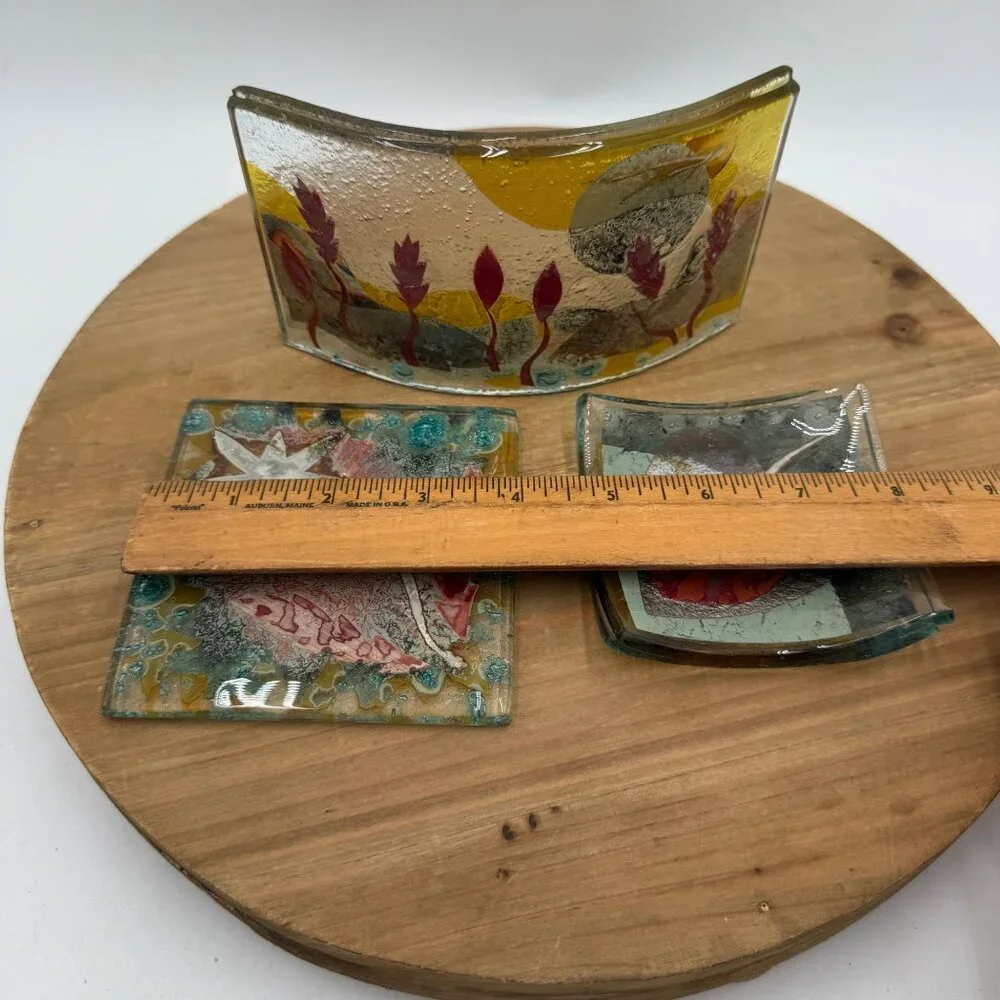 Fused Glass Trinket Dish Studio art glass 3 piece set multi color